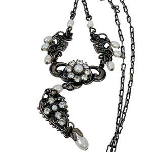 Kenny Ma Necklace Pearl Swarovski Crystal Cross Pendant Easter Silver Filigree